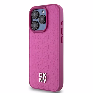 DKNY Ādas monogrammas raksta metāla logotips Magnētiskais viedtālruņa apvalks iPhone 15 Pro - rozā