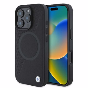 BMW Signature Ādas Pus Teksturēts & Apļa MagSafe Apvalks iPhone 16 Pro - Melns