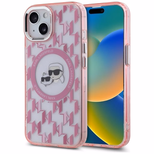 Karl Lagerfeld IML Monogramma Karl & Choupette Head Magnētiskais iPhone 15 Plus viedtālruņa apvalks - rozā