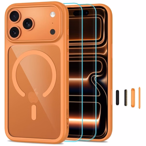 Tech-Protect MagOne CC MagSafe maciņš ar 2 rūdītiem stikliem, paredzēts iPhone 18 Pro Max / 17 Pro Max, caurspīdīgs oranžs