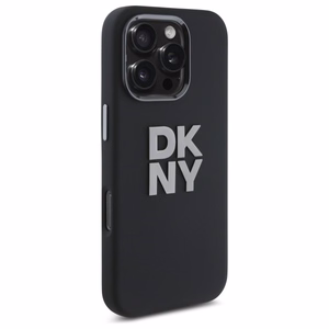 DKNY šķidrā silikona viedtālruņa apvalks ar metāla logotipu iPhone 16 Pro Max - melns