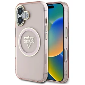 Guess IML Metal Mountain Logo Magnētiskais iPhone 16 viedtālruņa apvalks - rozā