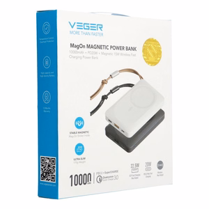 VEGER portatīvais lādētājs 10000 mAh ar bezvadu uzlādi, savietojams ar MagSafe PD QC3.0 2A 20W MagOn (VP1151 / W1151) balta