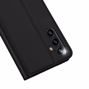 Dux Ducis Skin Pro Viedtālruņa apvalks Samsung Galaxy A14 4G / 5G ar atveramu kartiņu maku un statīvu Melns