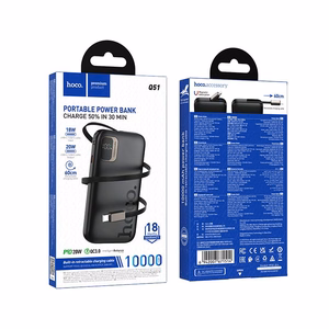 Portatīvais lādētājs Hoco 10000 mAh QC PD 20W ar izvelkamu USB C kabeli Q51 melns