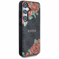 Guess ādas 4G ziedu raksta metāla klasiskais logotips magnētiskais viedtālruņa apvalks Samsung Galaxy S25 - melns
