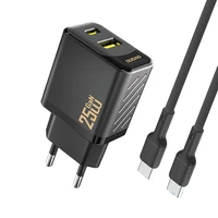 Dudao A26TCEU PD QC 25W GaN USB-A USB-C Wall Lādētājs with USB-C Kabelis - Melns