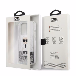Karl Lagerfeld Šķidrs Glitter Karl&Choupette Galvas viedtālruņa apvalks iPhone 13 Pro / iPhone 13 - sudraba
