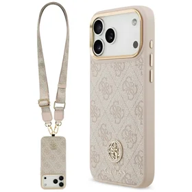 Guess 4G Strass Logo & Big Strap Metal Buttons Magnētiskais viedtālruņa apvalks iPhone 17 Pro Max - rozā