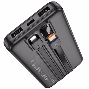 Portatīvais lādētājs Hoco 10000 mAh 2A ar iebūvētiem kabeļiem USB C + Lightning J118 melna