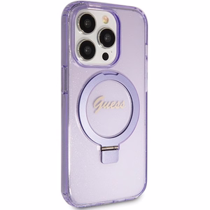Guess viedtālruņa apvalks ar statīvu Ring Stand Script Glitter magnētiskais iPhone 15 Pro - violets