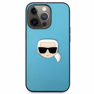 Karl Lagerfeld KLHCP13XPKMB iPhone 13 Pro Max 6,7" zils cietais maciņš Leather Ikonik Karl`s Head Metal