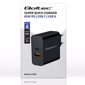Qoltec 52380 ātrais PD lādētājs 1xUSB-C, 1xUSB, 65 W, melns