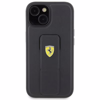 Ferrari Grip Stand Metal Logo apvalks iPhone 15 – melns