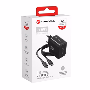 Forcell F-Energy GaN III Crystal Color VT-60 tālruņa lādētājs, 2 × USB-C, AVS, SSFC3.0, 60 W, ar silikona USB-C–USB-C kabeli, melns