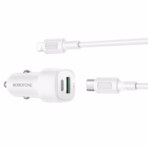 Borofone Car charger BZ34B Cloud - USB + Type C - QC 3.0 PD 38W with Type C to Lightning cable white