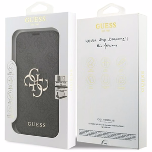 Guess Book 4G Metal Logo viedtālruņa apvalks iPhone 17 Pro - melns