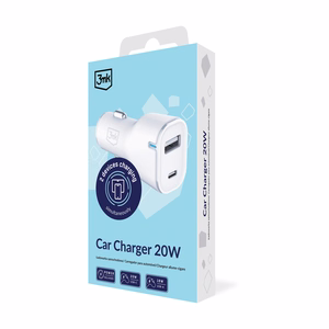 3mk auto lādētājs 20W PD 3.0 QC 3.0 USB 1A1C, balts
