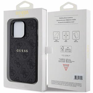 Guess 4G kolekcija ādas metāla logotips Magnētiskais apvalks iPhone 15 Pro - melns