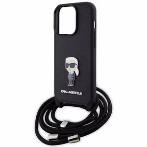 Karl Lagerfeld krustveida Saffiano monogramma metāla piespraude Karl & Choupette viedtālruņa apvalks iPhone 15 Pro - melns