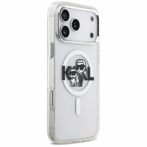 Karl Lagerfeld IML mirdzošais Karl & Choupette skices logotipa magnētiskais viedtālruņa apvalks iPhone 17 Pro Max - caurspīdīgs