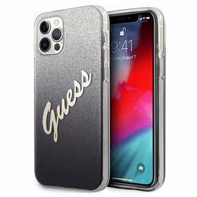Guess GUHCP12LPCUGLSBK iPhone 12 Pro Max 6.7" melna/melna cietais apvalks Glitter Gradient Script
