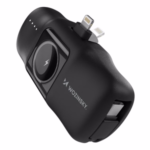 Wozinsky WF16-YLS 5000mAh 15W Lightning mini portatīvais lādētājs ar iebūvētu USB-C kabeli un Apple Watch lādētāju - melna