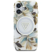 Guess Glitter Flowers Triangle Buttons Magnētiskais viedtālruņa apvalks iPhone 16 - balts