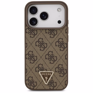 Guess Leather 4G Triangle Strass MagSafe vāciņš iPhone 18 Pro / 17 Pro – brūns