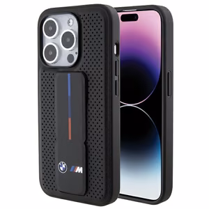 BMW ar statīvu gluds un perforēts viedtālruņa apvalks iPhone 15 Pro - melns