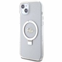 Guess GUHMP15MHRSGSD iPhone 15 Plus / 14 Plus 6.7" caurspīdīgs/caurspīdīgs cietais apvalks Gredzena Statīvs Script Glitter Magnētiskais