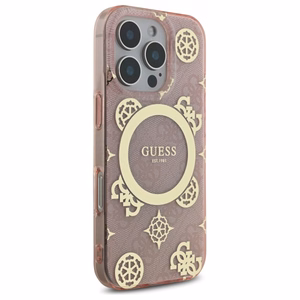 Guess IML Peony On 4G Background Magnētiskais viedtālruņa apvalks iPhone 16 Pro - rozā