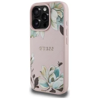 Guess Grained Printed Flower Pattern MagSafe viedtālruņa apvalks iPhone 16 Pro rozā