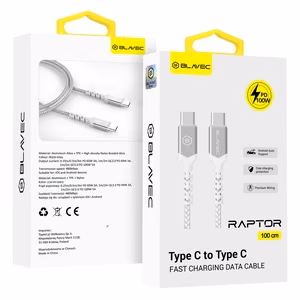 Blavec kabelis Raptor pīts - Type C uz Type C - PD 100W 5A 1 metrs Apple CarPlay/Android Auto (CRA-CC5WS10) balts-sudraba