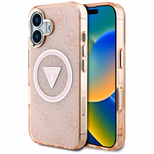 Guess IML Metal Glitter 4G Circle Triangle magnētiskais viedtālruņa apvalks iPhone 16 - rozā