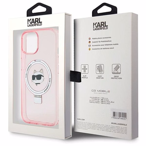 Karl Lagerfeld KLHMP15SHMRSCHP iPhone 15 6.1" rozā/rozā cietais apvalks ar gredzena statīvu Choupette Head Magnētiskais