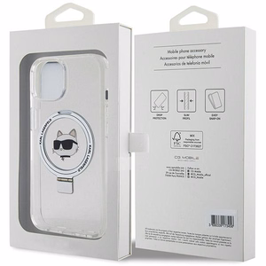 Karl Lagerfeld KLHMP15MHMRSCHH iPhone 15 Plus 6.7" balts/balts cietais apvalks ar gredzena statīvu Choupette Head Magnētiskais