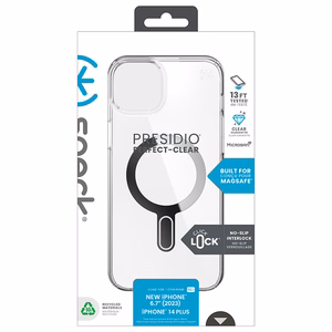 Speck Presidio Perfect-Clear MagSafe vāciņš ar ClickLock ierīcei iPhone 15 Plus / 14 Plus, caurspīdīgs ar hroma krāsas gredzenu