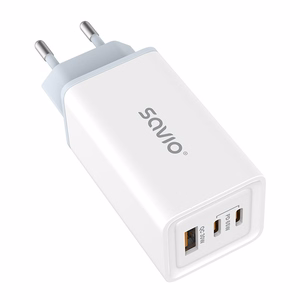 SAVIO LA-07 GaN 65W mains charger, USB, QC4.0+, PD 3.0, balts