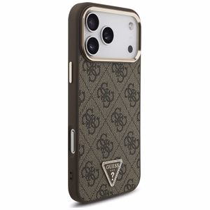 Guess PU Leather 4G Strass Triangle Logo Gold Frame MagSafe vāciņš Apple iPhone 18 Pro Max, brūns