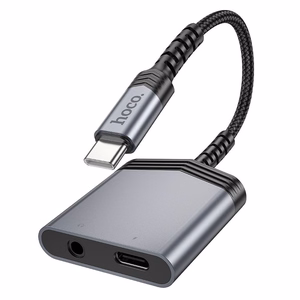Adapteris AUX 2in1 USB C uz USB C / Jack 3,5 mm Hoco 27W LS39 pelēks