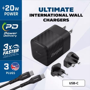 Energizer Ultimate A20MUC GaN ceļojumu sienas lādētājs ar EU / UK / US spraudņiem, USB-C, 20 W PD, ar USB-C kabeli, melns