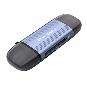 Pelēks alumīnija SD un microSD atmiņas karšu lasītājs Wozinsky WCR-5G ar USB-A 3.0 / USB-C 3.0