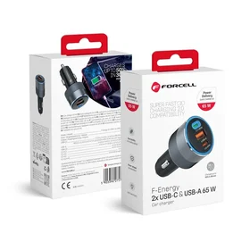 FORCELL F-ENERGY Alu automobiļa lādētājs 2 x Type C + USB A PD QC4.0 SFC 2.0 4,5A 65W pelēks