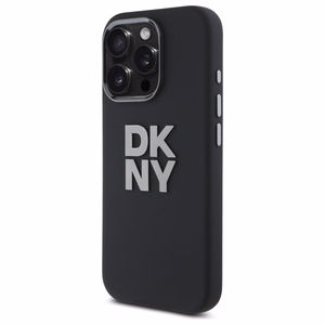 DKNY šķidrā silikona viedtālruņa apvalks ar metāla logotipu iPhone 16 Pro Max - melns