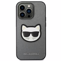 Karl Lagerfeld Saffiano Choupette Head Patch viedtālruņa apvalks iPhone 14 Pro - sudraba