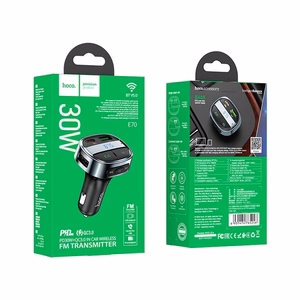 Automobiļa lādētājs Hoco USB A + USB C PD QC3.0 5A 30W ar digitālo indikatoru + raidītājs FM BT E70 obsidiāna melns