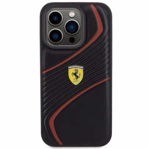 Ferrari Twist Metal Logo viedtālruņa apvalks iPhone 15 Pro - melns
