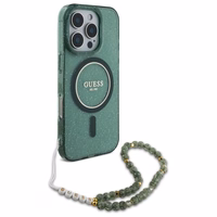 Guess IML Glitter With Pearl Strap Magnētiskais viedtālruņa apvalks MagSafe iPhone 16 Pro Max - zaļš