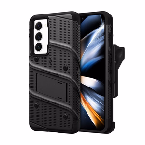 ZIZO BOLT Series bruņota vāciņa komplekts Samsung Galaxy S23+ ar 9H ekrāna stiklu, iebūvētu statīvu un pie jostas stiprināmu turētāju, melns